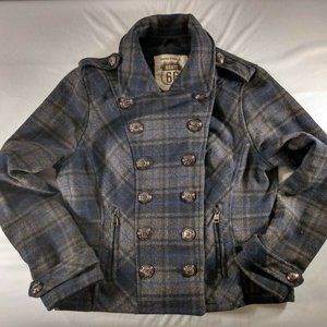 Gray & Blue w/ Black Plaid Large Pea Coat
